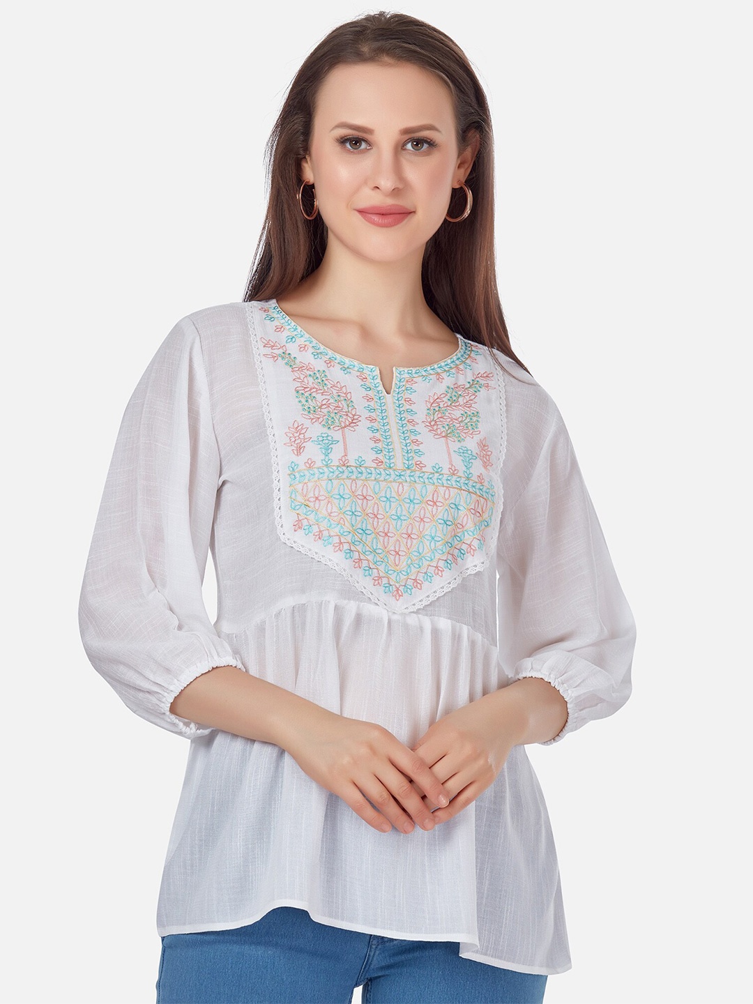 

Kiana White & Turquoise Blue Embroidered Crepe Regular Top