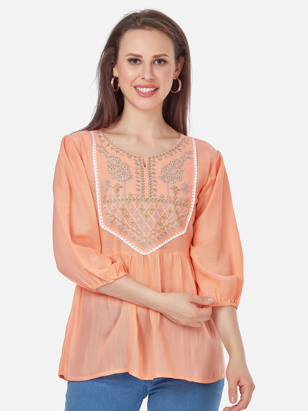 

Kiana Orange & Grey Embroidered Crepe Regular Top