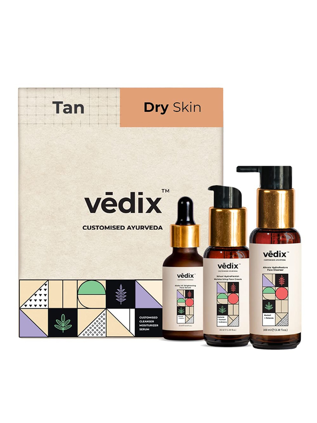 

VEDIX Set of 3 Customized Skin Care Kit - Dry Skin With Tan, Transparent