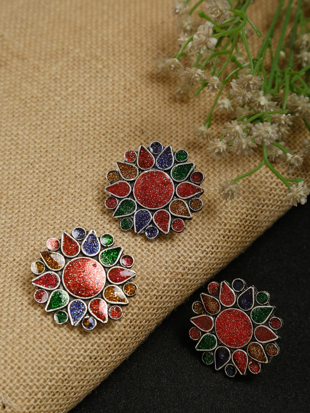 

NEUDIS Silver Oxidised Red & Green Enameled Floral Jewellery Set