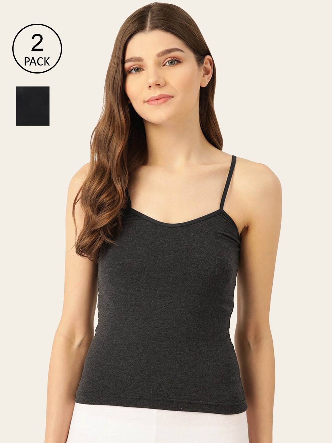 

Lady Lyka Women Pack Of 2 Black Solid Cotton Camisoles
