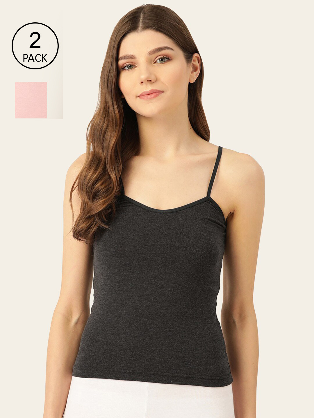 

Lady Lyka Women Pack of 2 Solid Non-Padded Cotton Camisoles, Black