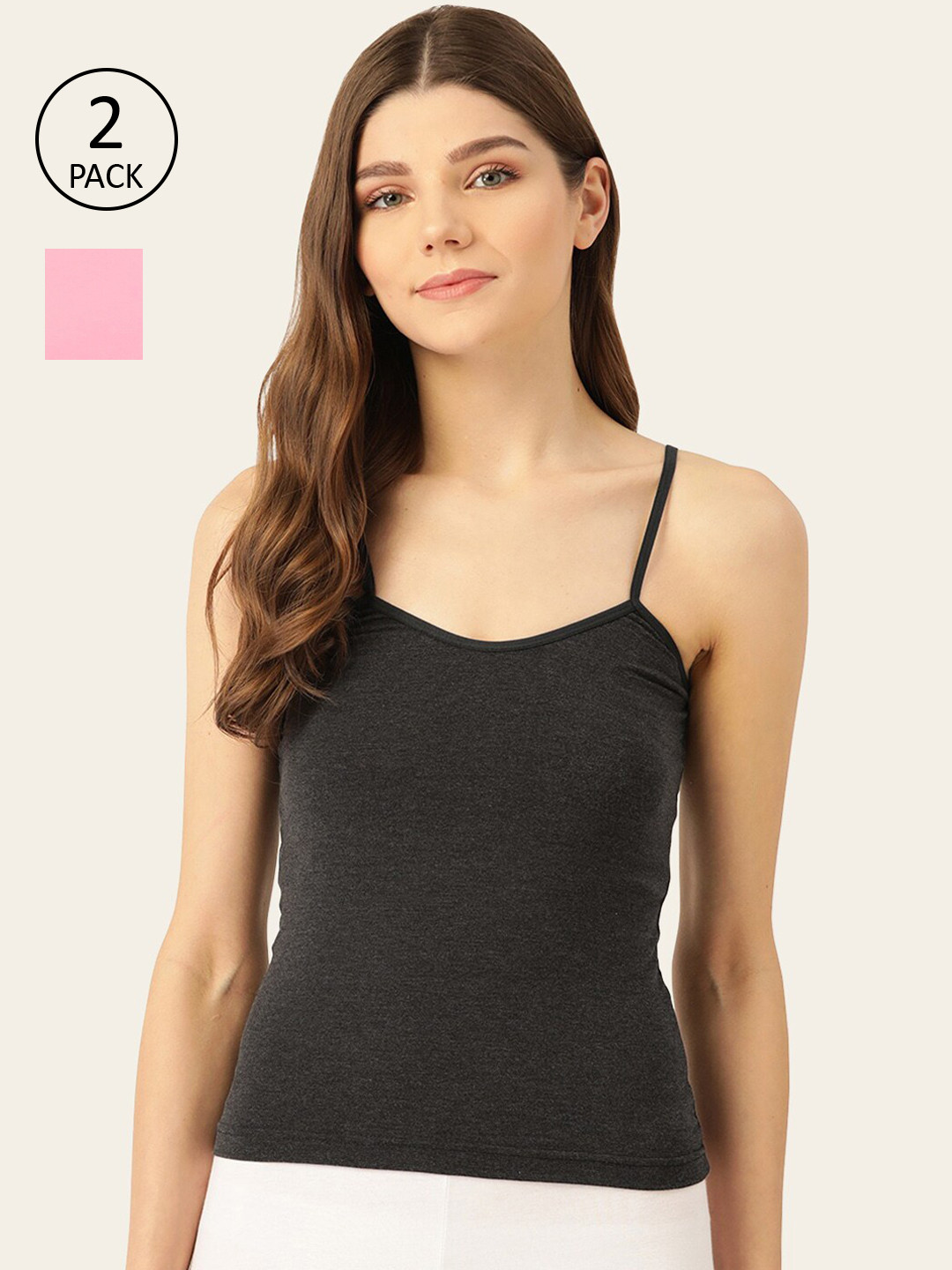 

Lady Lyka Women Pack Of 2 Solid Cotton Camisoles, Black