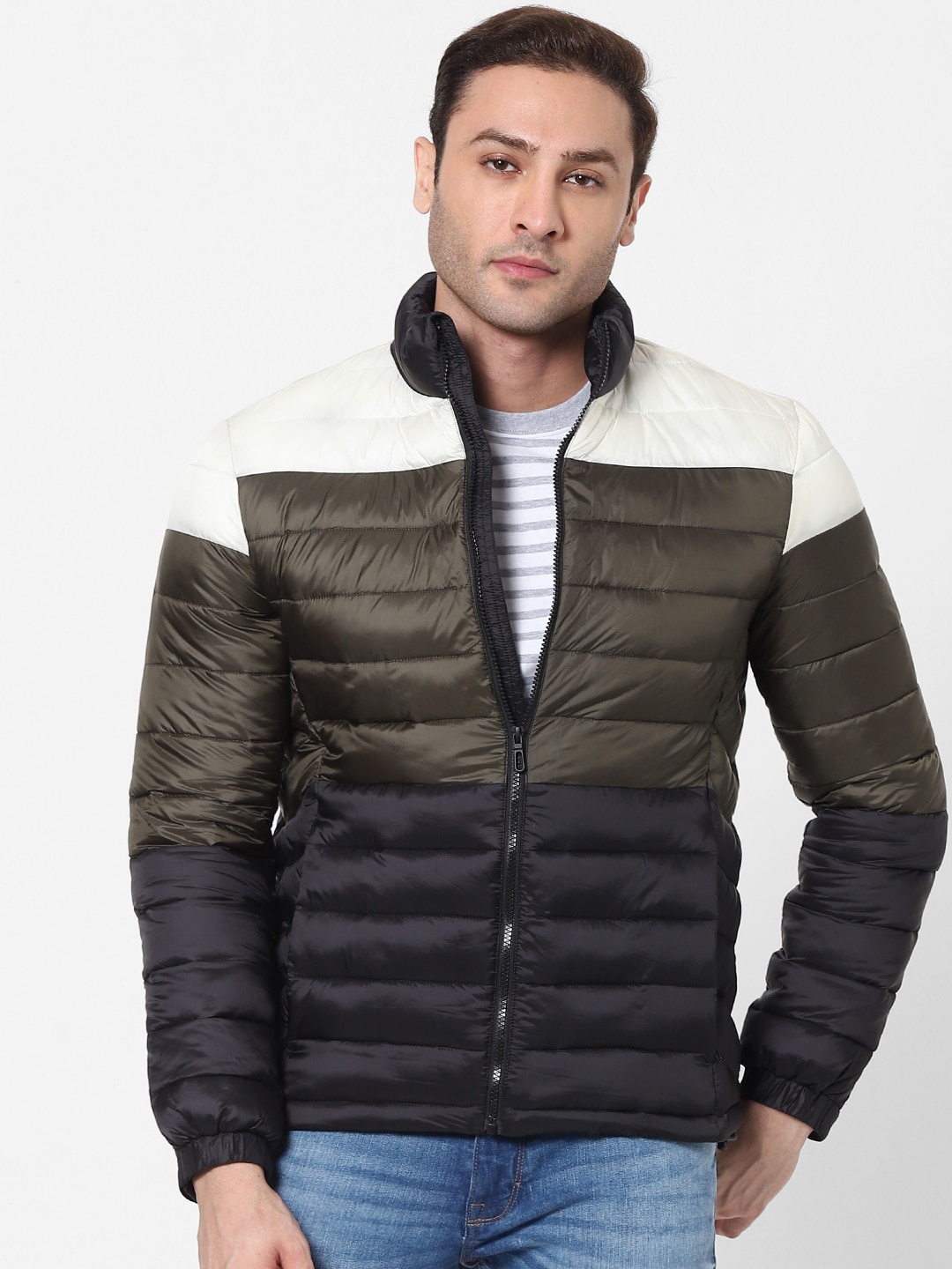

Celio Men Olive Green & Black Colourblocked Puffer Jacket