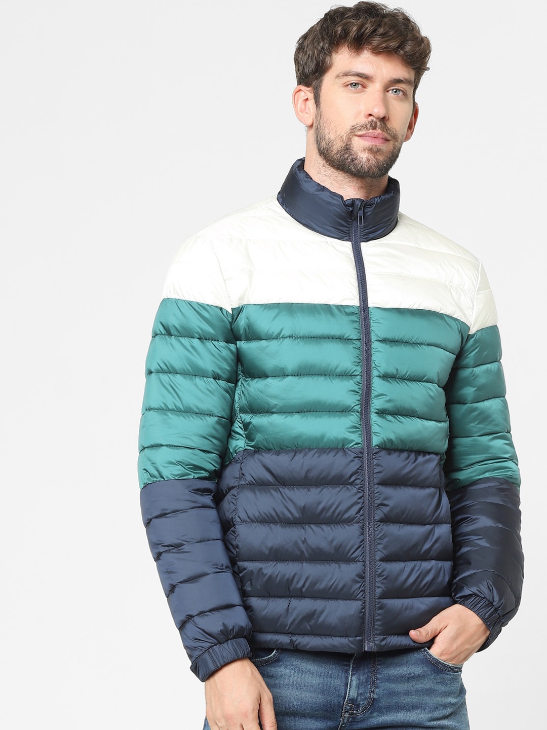 

Celio Men Navy Blue & Green Colourblocked Puffer Jacket