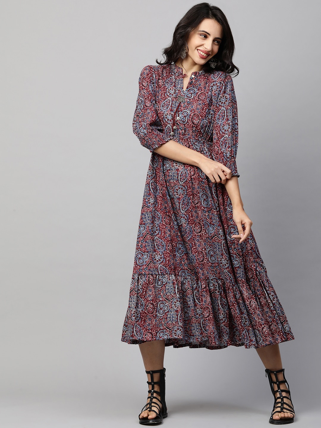 

FASHOR Maroon & Blue Ethnic Motifs Ethnic A-Line Midi Dress