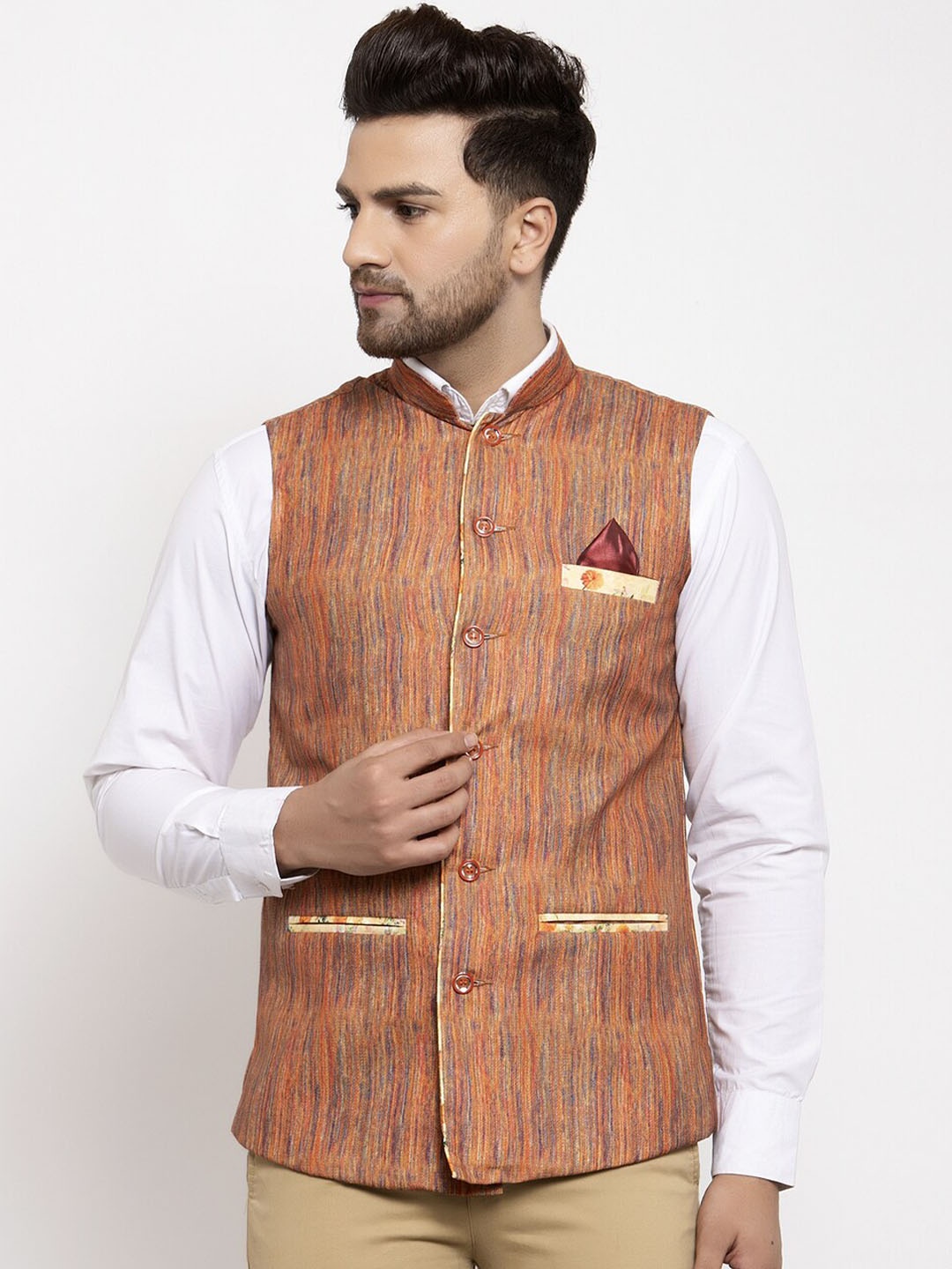 

KLOTTHE Men Orange Embellished Woven Nehru Jacket