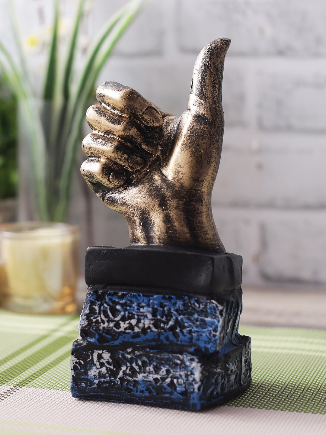 

CraftVatika Gold-Toned & Blue Polyresin Thumbs Up Sign Gesture Showpiece