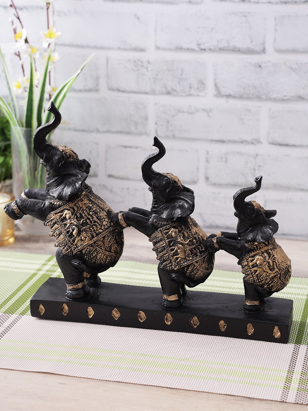 

CraftVatika Black & Copper-Toned Polyresin Trunk Up Elephant Statue Showpiece