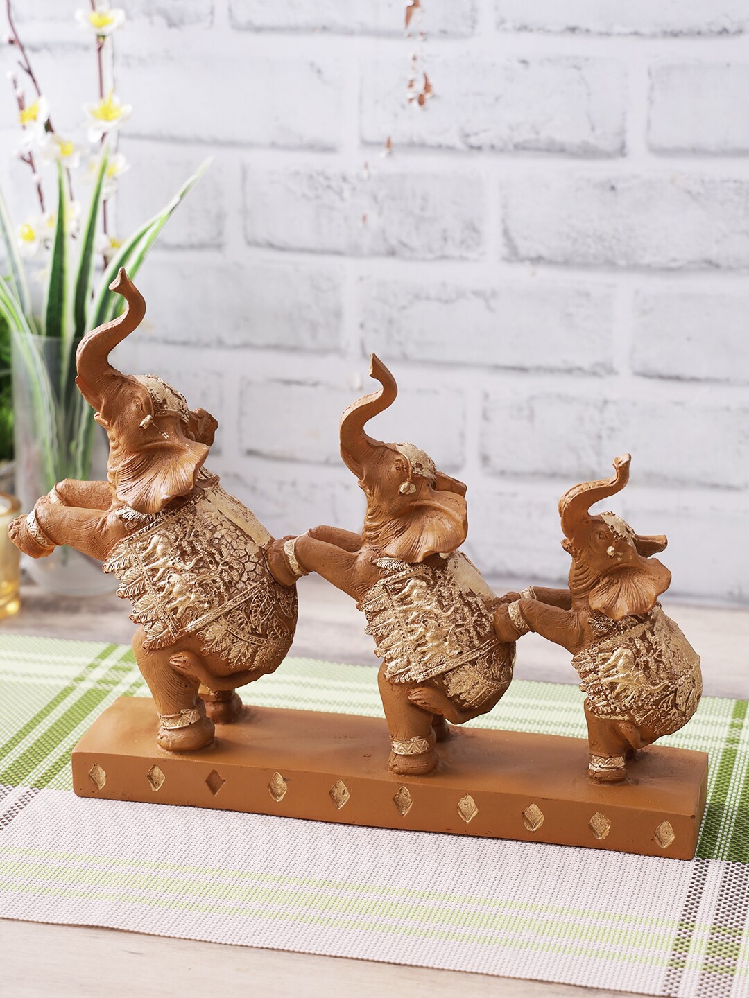 CraftVatika Brown & White Trunk Up Elephant Statue Showpiece