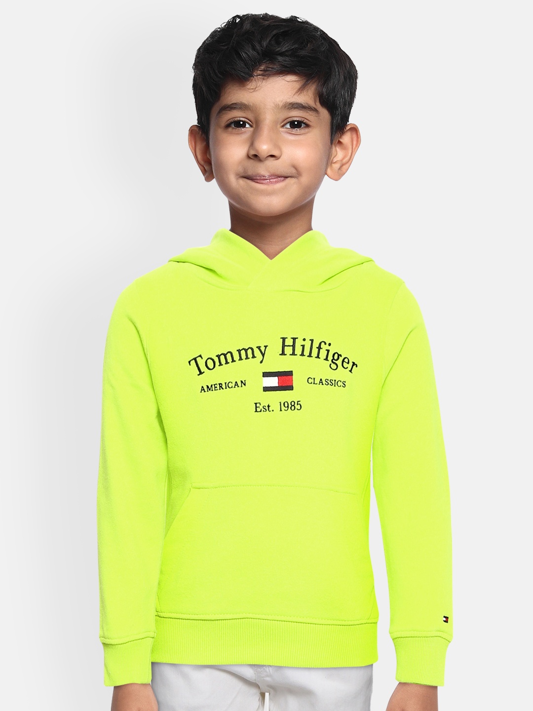 

Tommy Hilfiger Boys Fluorescent Green Printed Hooded Pure Cotton Sweatshirt