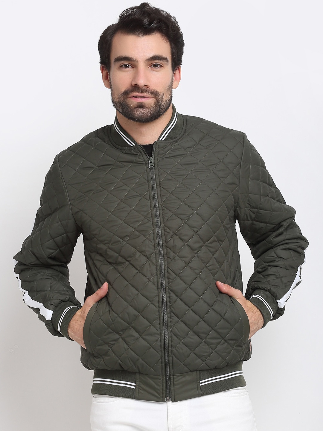 

PERFKT-U Men Olive Green Striped Lightweight Puffer Jacket