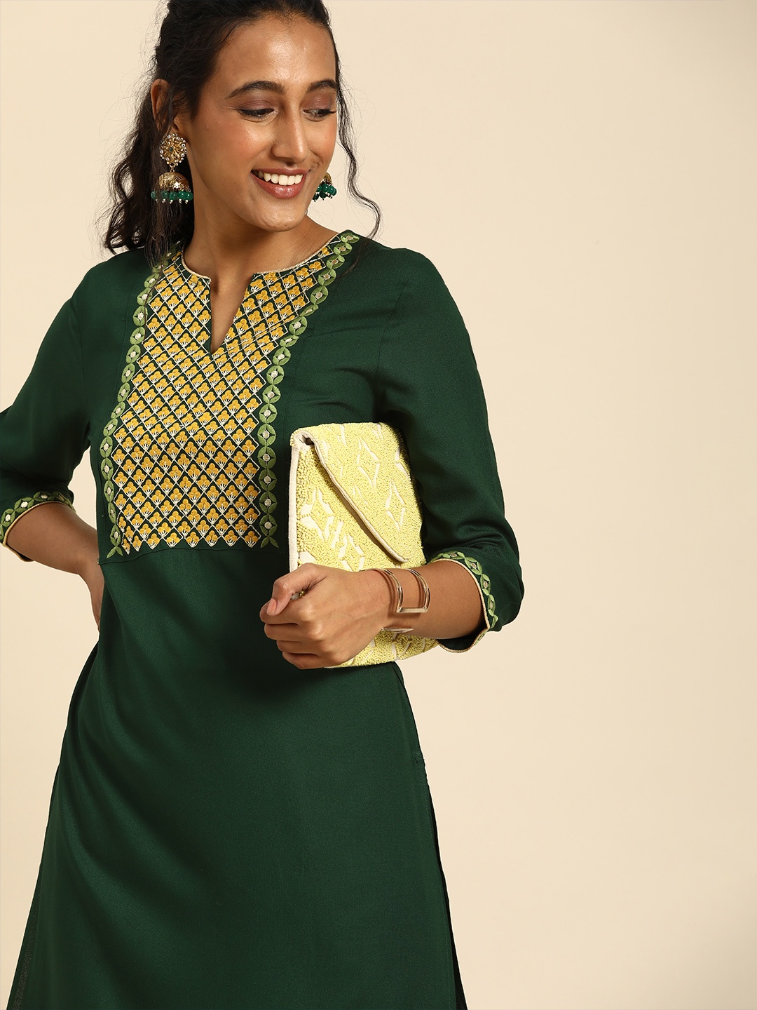 

all about you Women Green Ethnic Motifs Yoke Design Regular Thread Work Kurta with Trousers