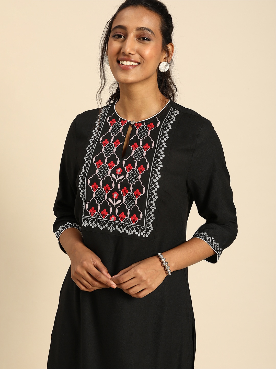 

all about you Women Black Ethnic Motifs Yoke Design Regular Thread Work Kurta with Trousers