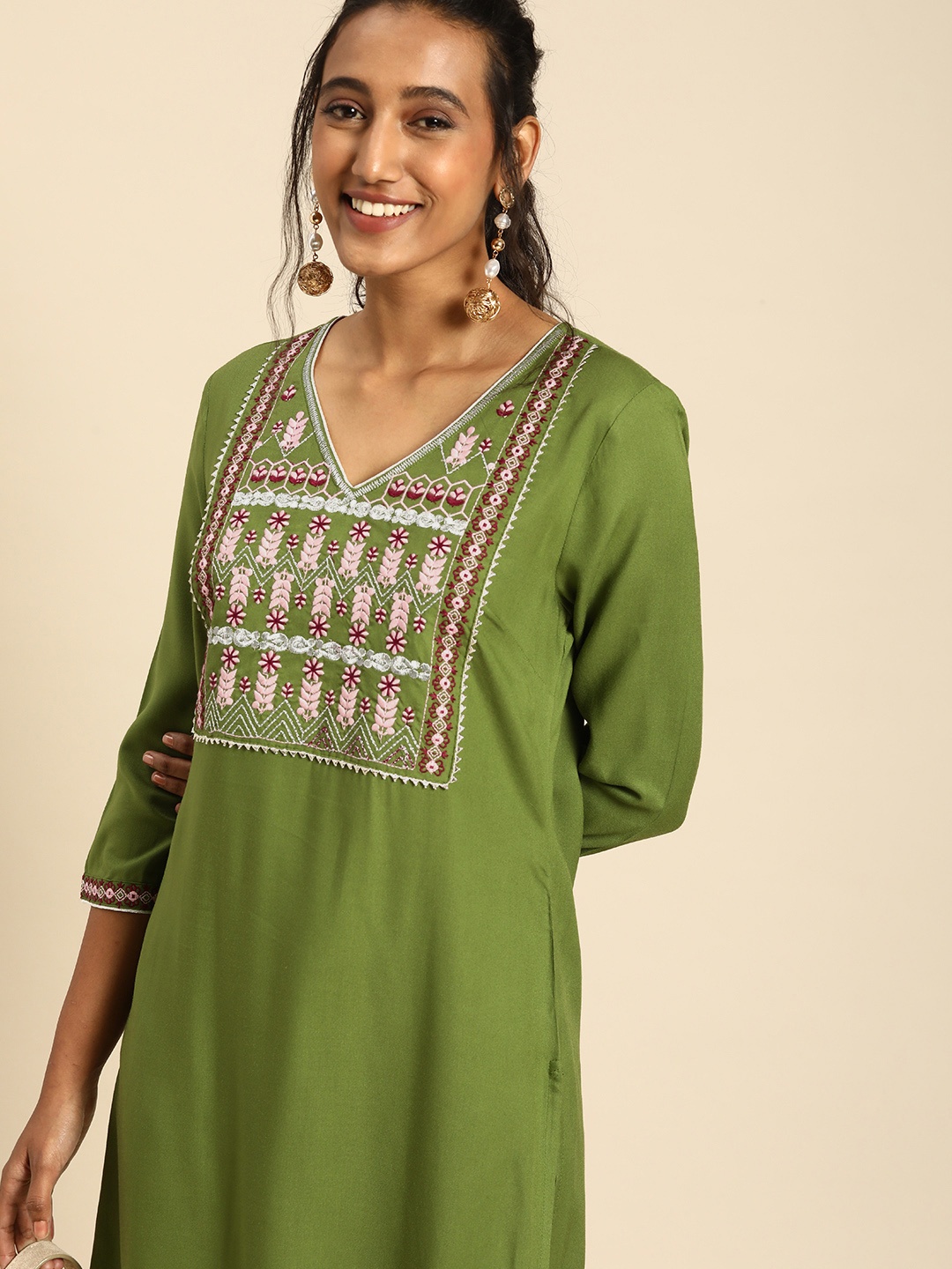 

all about you Women Olive Green Ethnic Motifs Yoke Design Regular Thread Work Kurta with Trousers