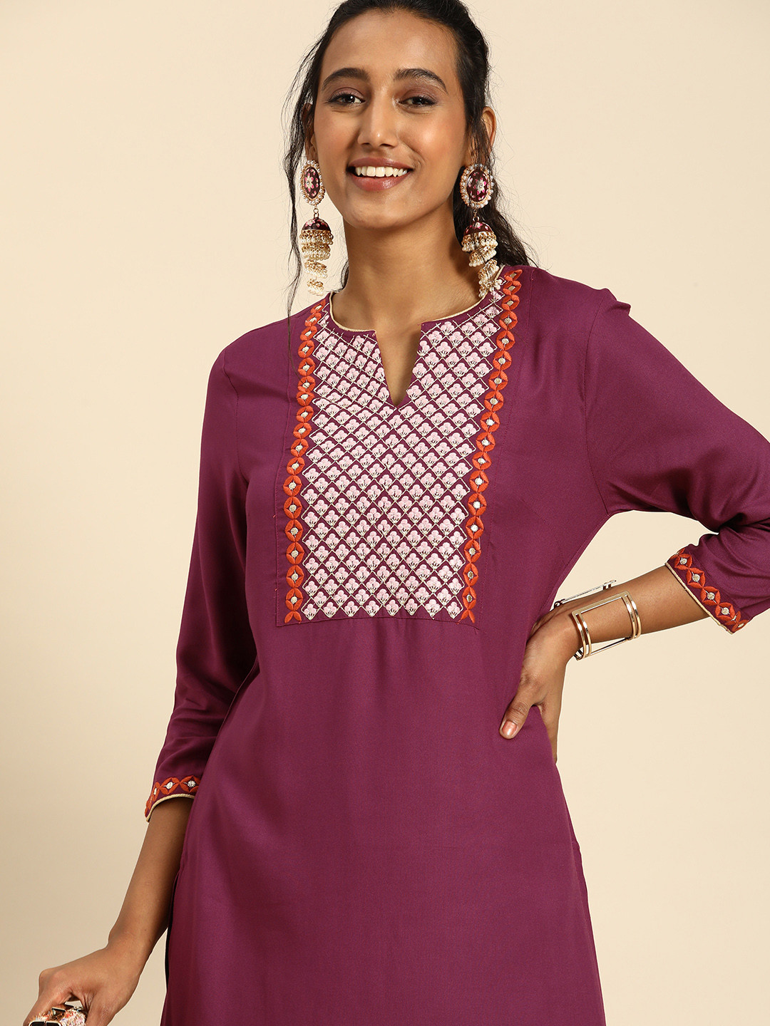 

all about you Women Purple Ethnic Motifs Yoke Design Regular Thread Work Kurta with Trousers
