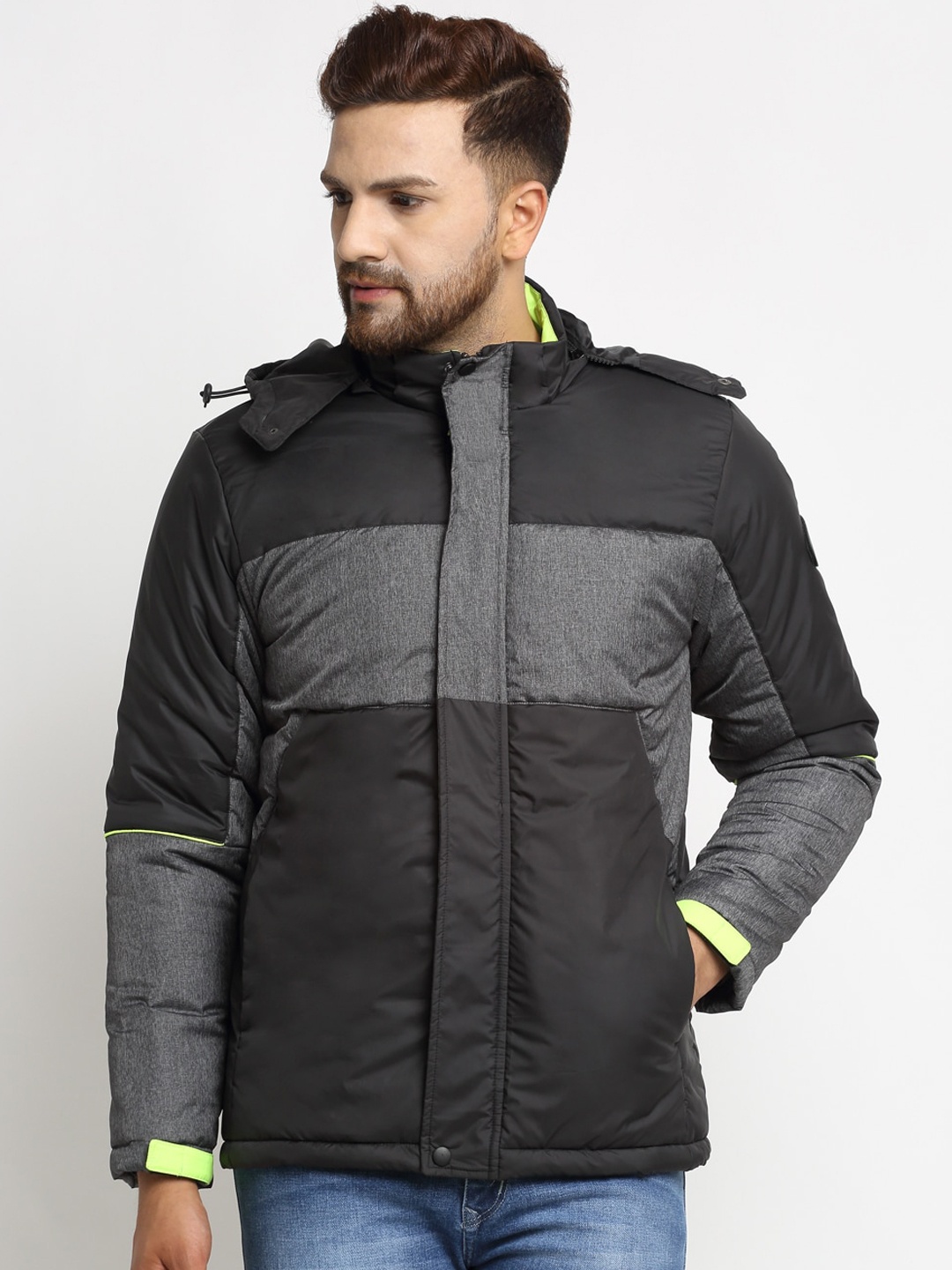 

PERFKT-U Men Black& Grey Colourblocked Lightweight Open Front Jacket