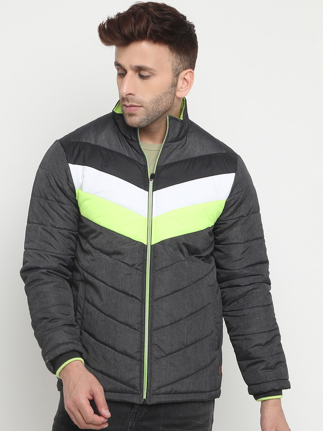 

PERFKT-U Men Grey& Fluorescent Green Colourblocked Lightweight Padded Jacket