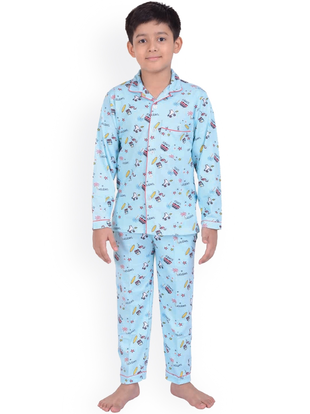 

Zoom Minimondo Unisex Kids Turquoise Blue & Blue Printed Night suit