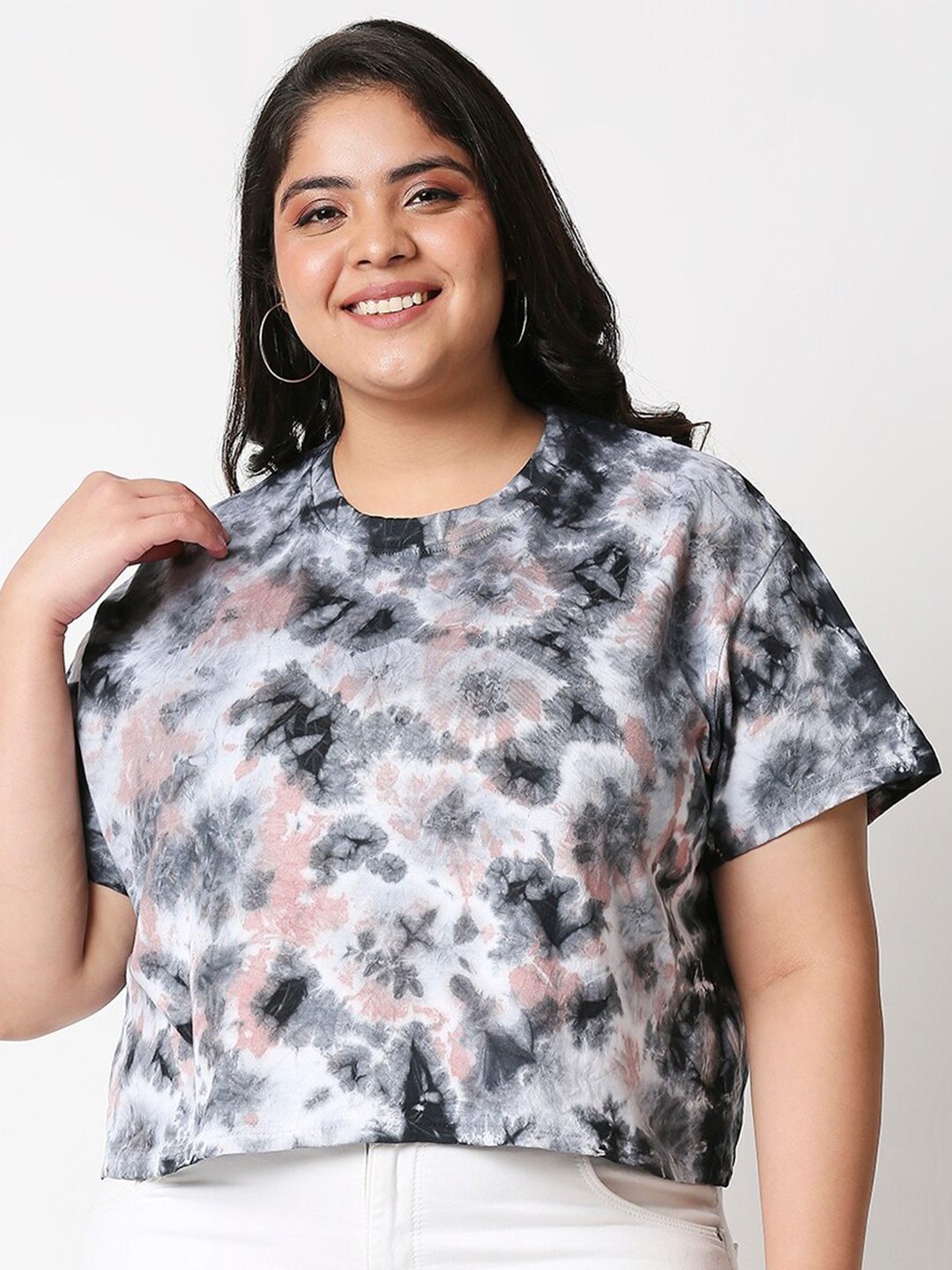 

20Dresses Plus Size Women White Tie and Dye Dyed Drop-Shoulder Sleeves T-shirt