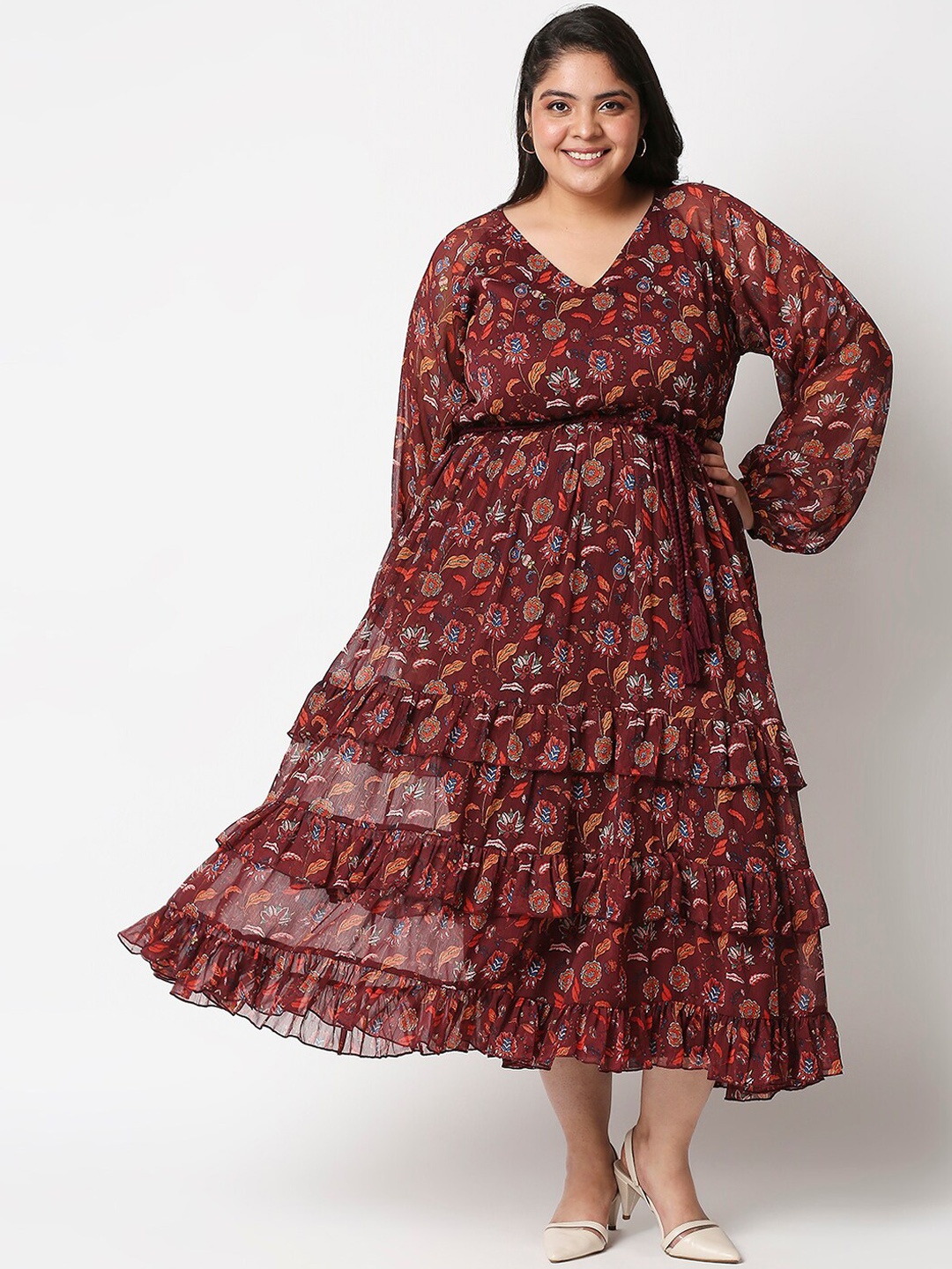 

20Dress Plus Size Maroon Ethnic Motifs Chiffon Empire Midi Dresses