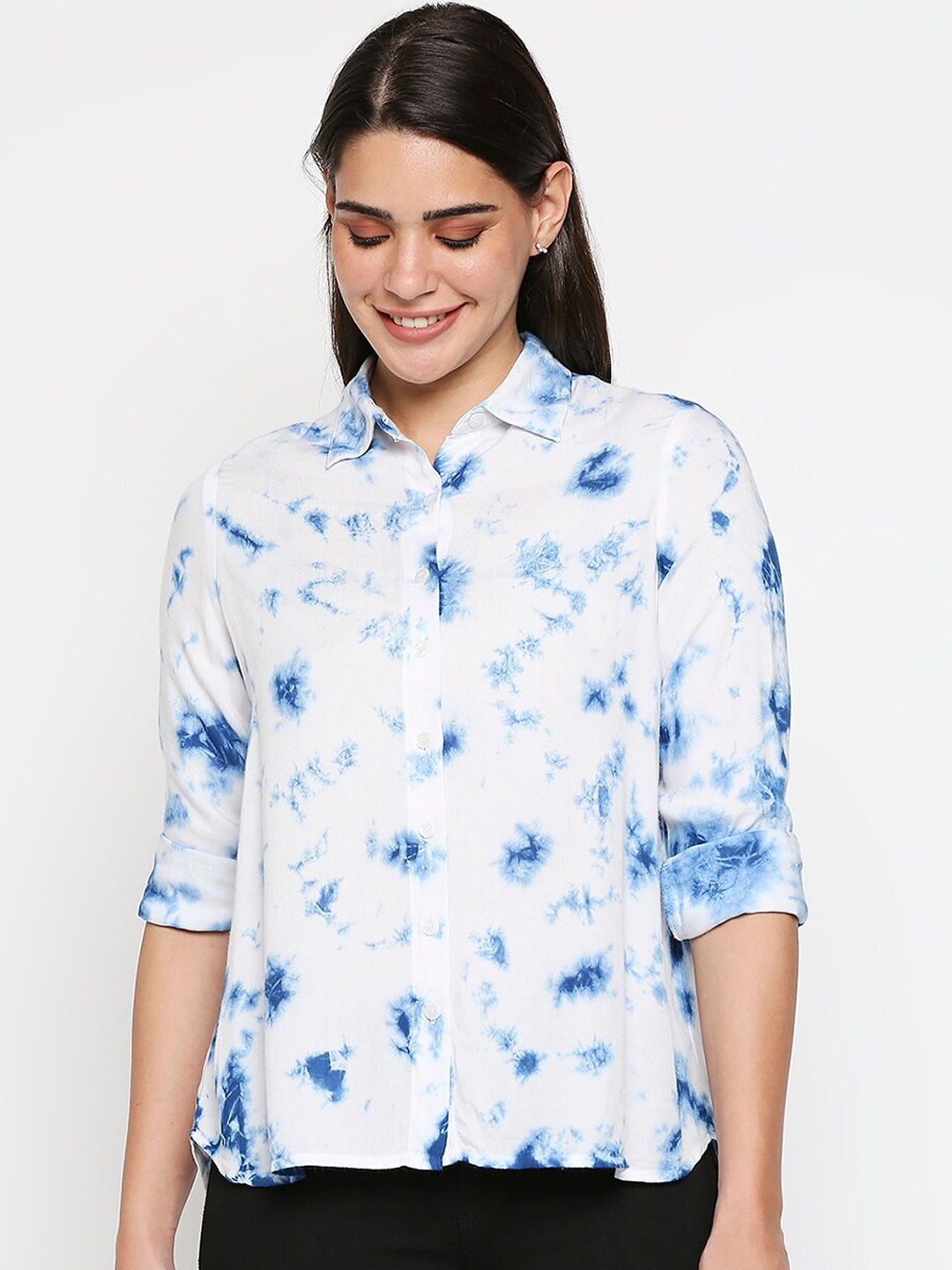 

20Dresses Women White & Blue Tie and Die Dyed Casual Shirt