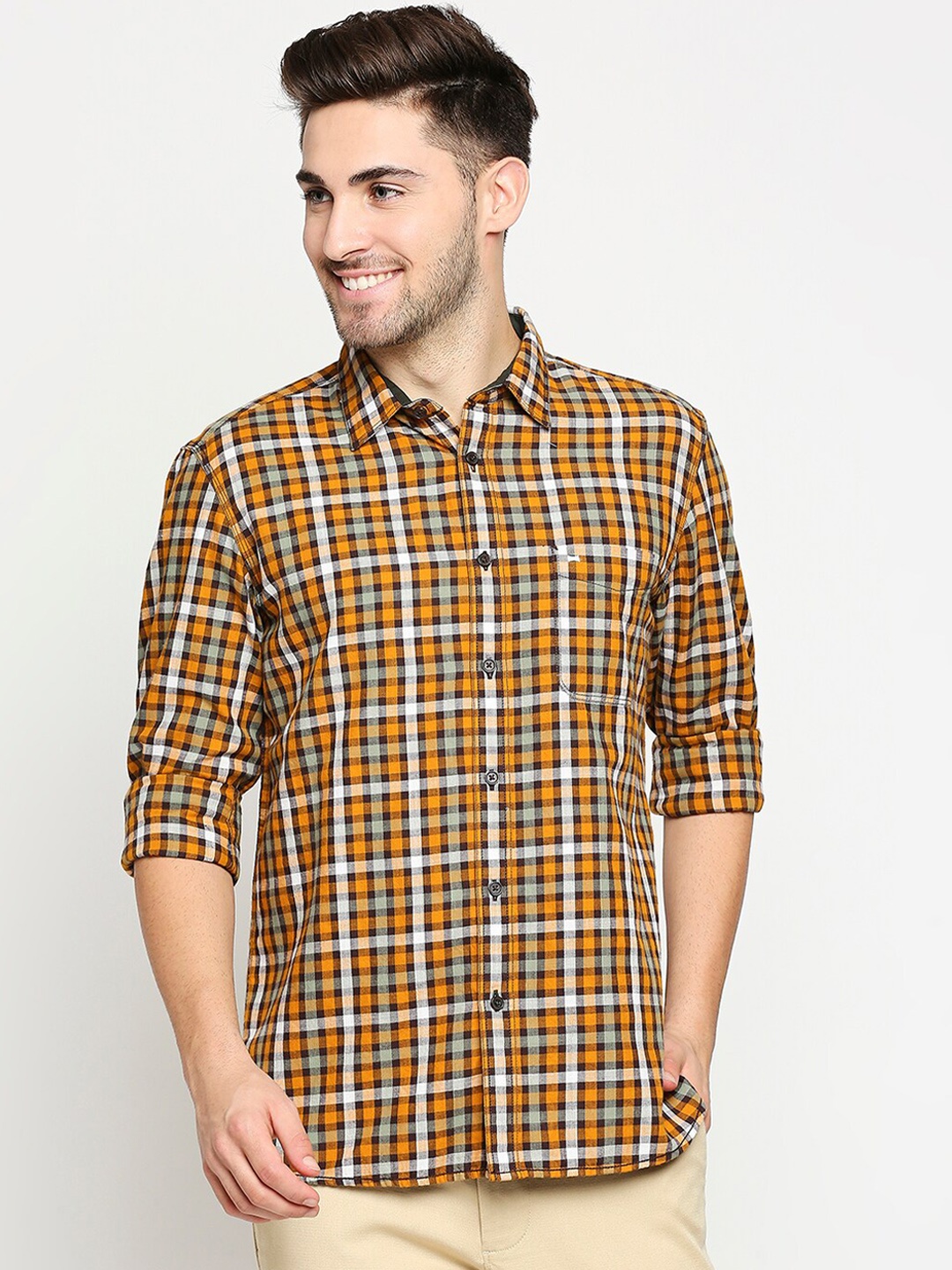 

Basics Men Yellow Slim Fit Pure Cotton Slim Fit Checked Casual Shirt