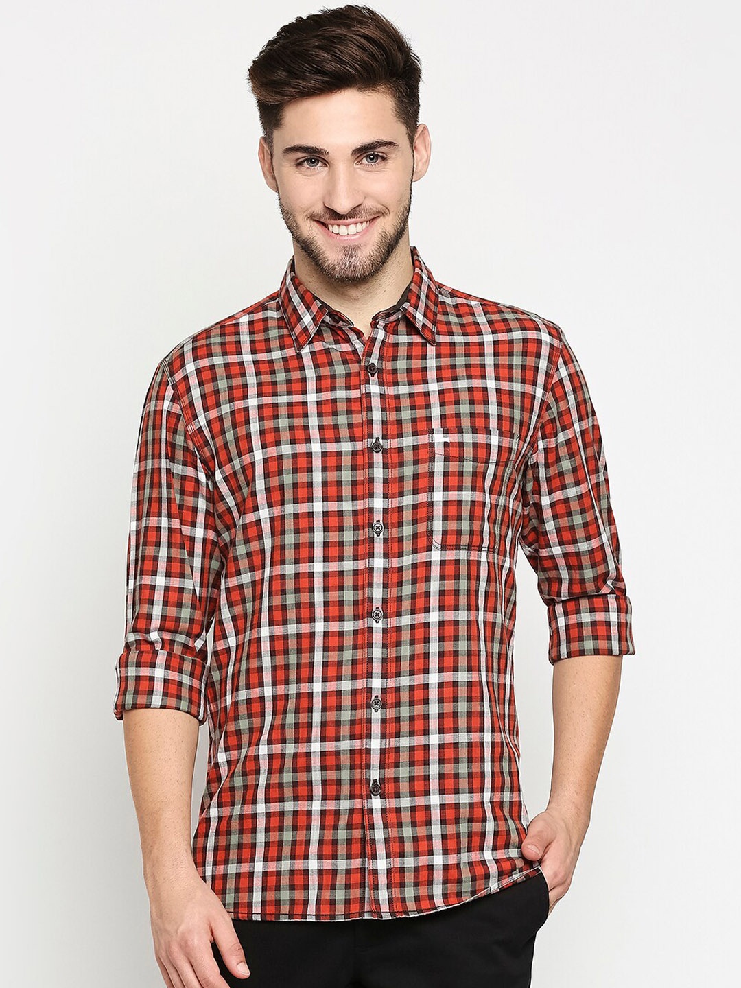 

Basics Men Orange Pure Cotton Slim Fit Checked Casual Shirt