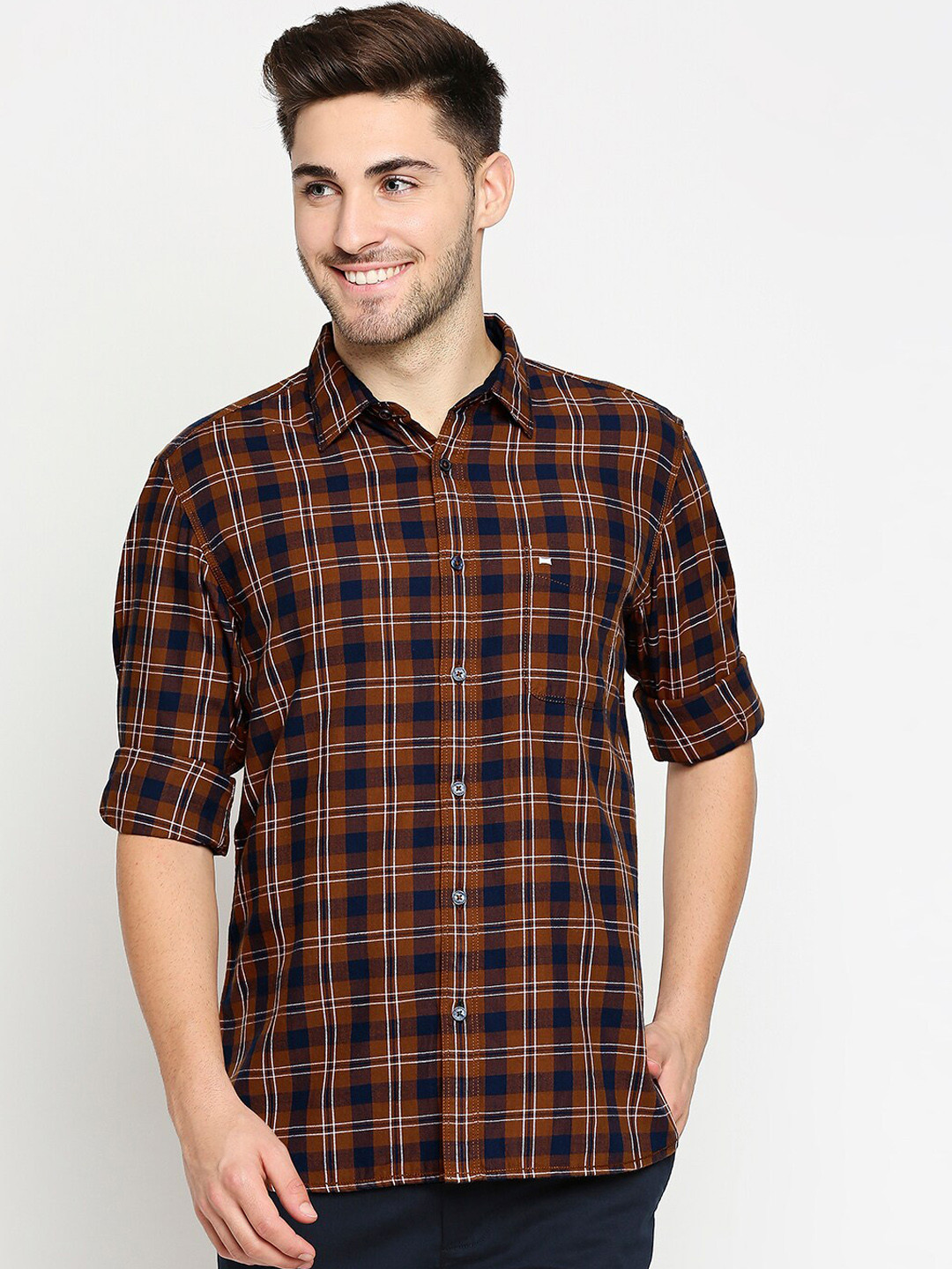 

Basics Men Orange & Navy Blue Pure Cotton Slim Fit Tartan Checked Casual Shirt