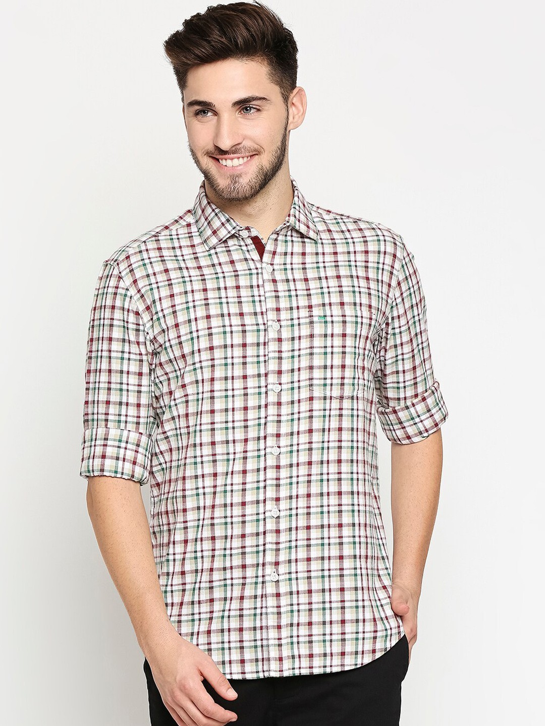 

Basics Men Green & White Pure Cotton Slim Fit Checked Casual Shirt