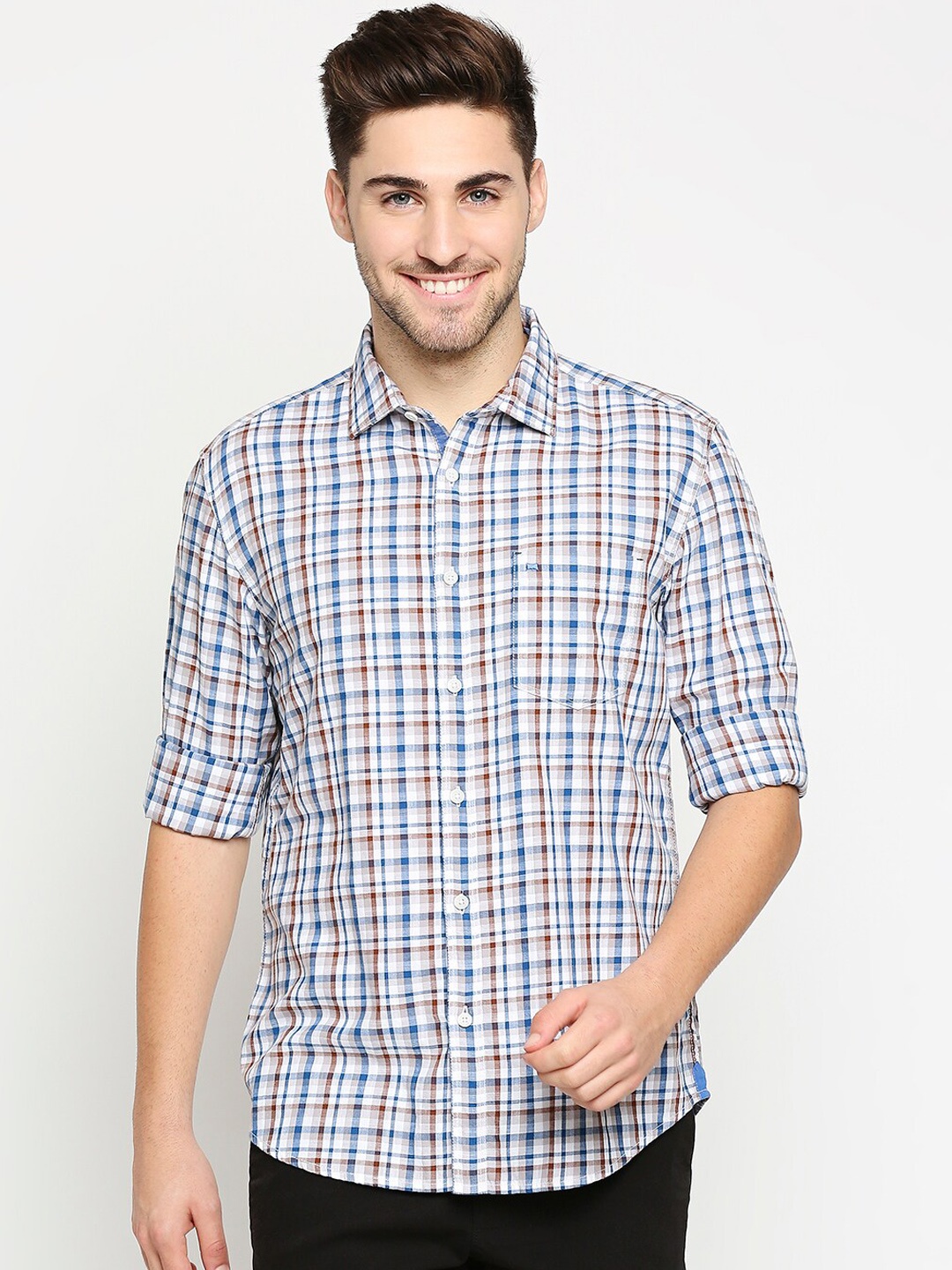 

Basics Men Blue & White Pure Cotton Slim Fit Checked Casual Shirt