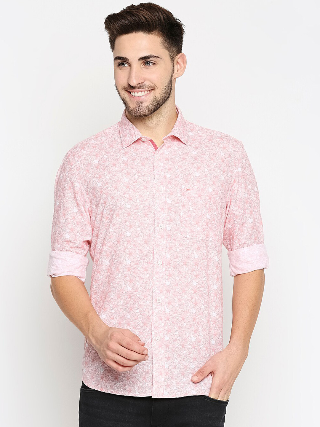 

Basics Men Pink Pure Cotton Slim Fit Floral Printed Casual Shirt