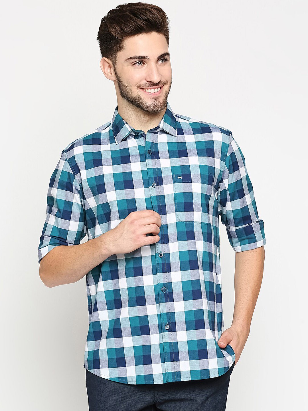 

Basics Men Teal Green & White Pure Cotton Slim Fit Checked Casual Shirt