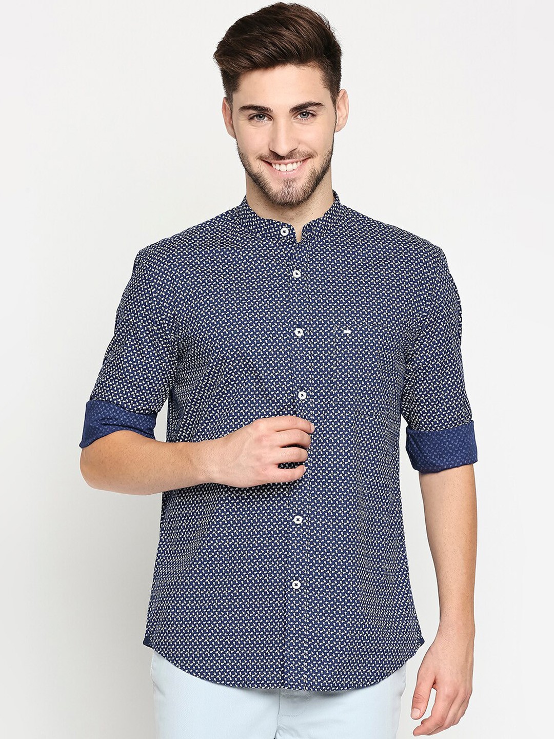 

Basics Men Navy Blue Pure Cotton Slim Fit Floral Printed Casual Shirt
