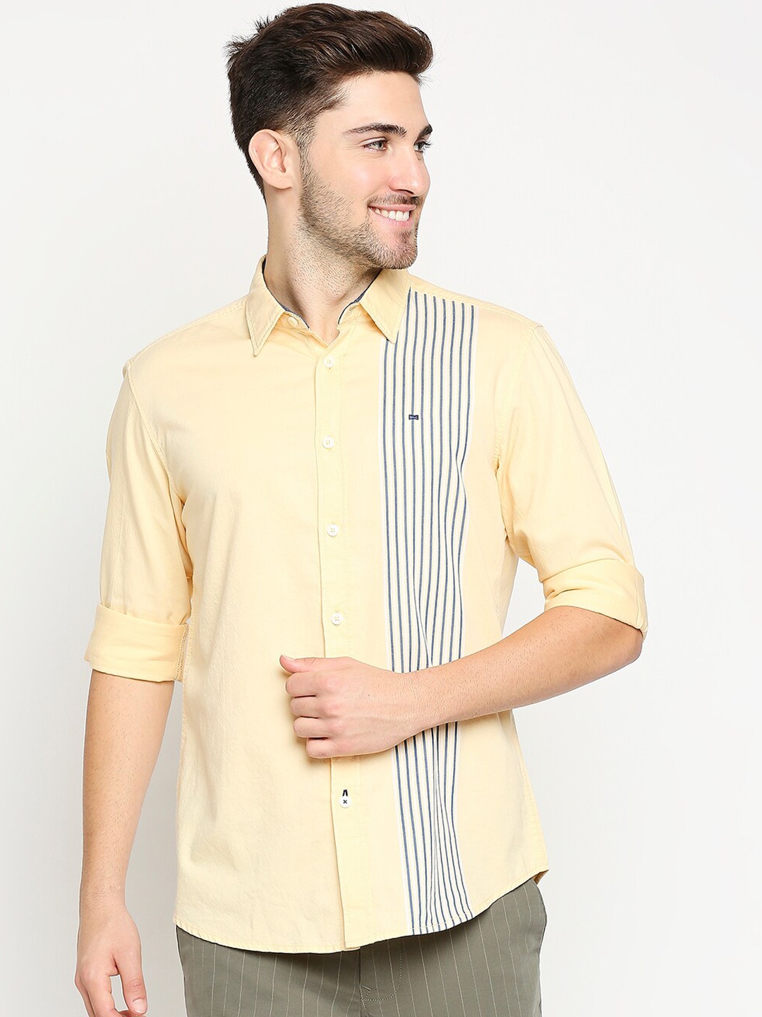 

Basics Men Yellow Pure Cotton Slim Fit Striped Casual Shirt