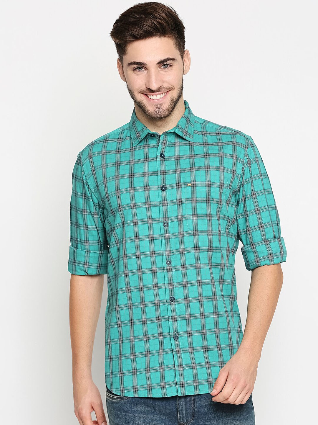 

Basics Men Green Pure Cotton Slim Fit Checked Casual Shirt