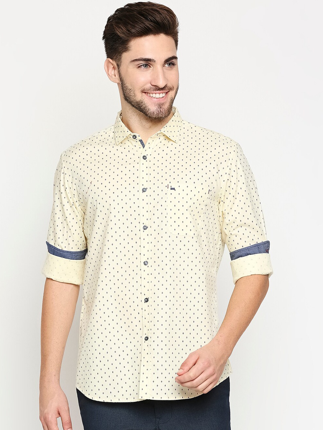 

Basics Men Yellow Pure Cotton Slim Fit Printed Casual Shirt