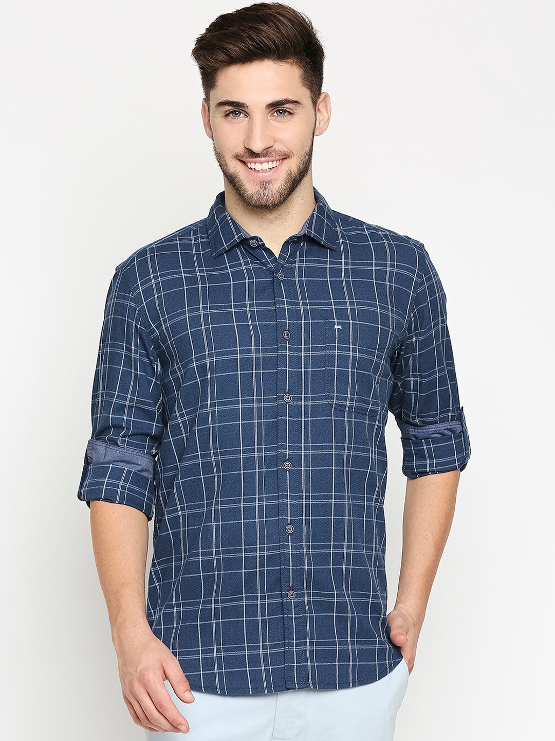 

Basics Men Blue & Silver Pure Cotton Slim Fit Checked Casual Shirt