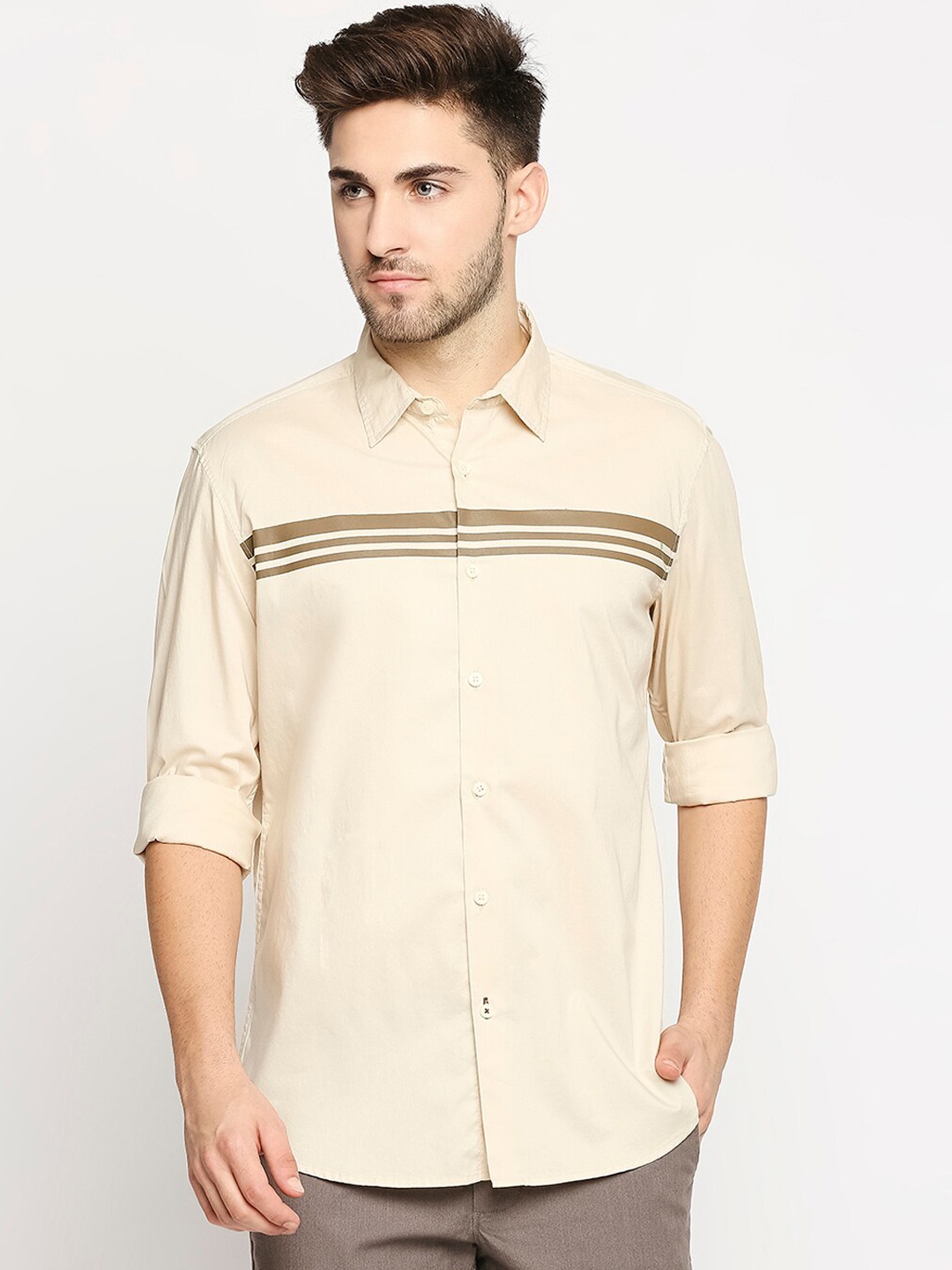 

Basics Men Beige & Brown Slim Fit Striped Casual Shirt