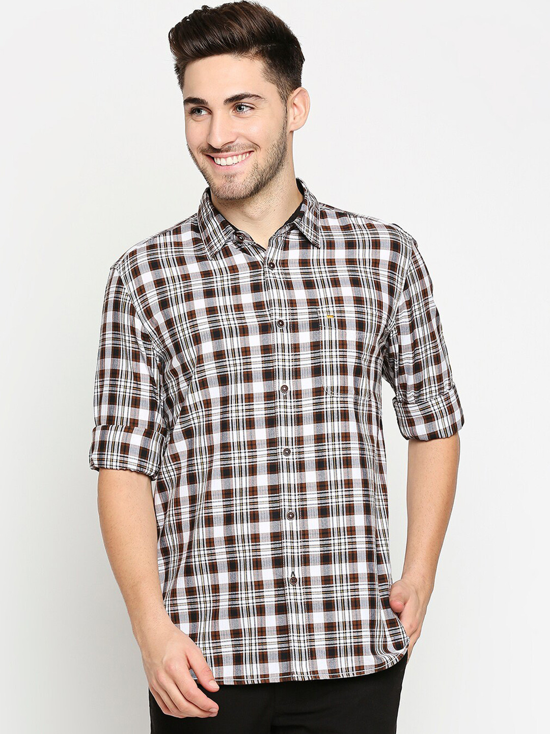 

Basics Men Brown & White Pure Cotton Slim Fit Checked Casual Shirt