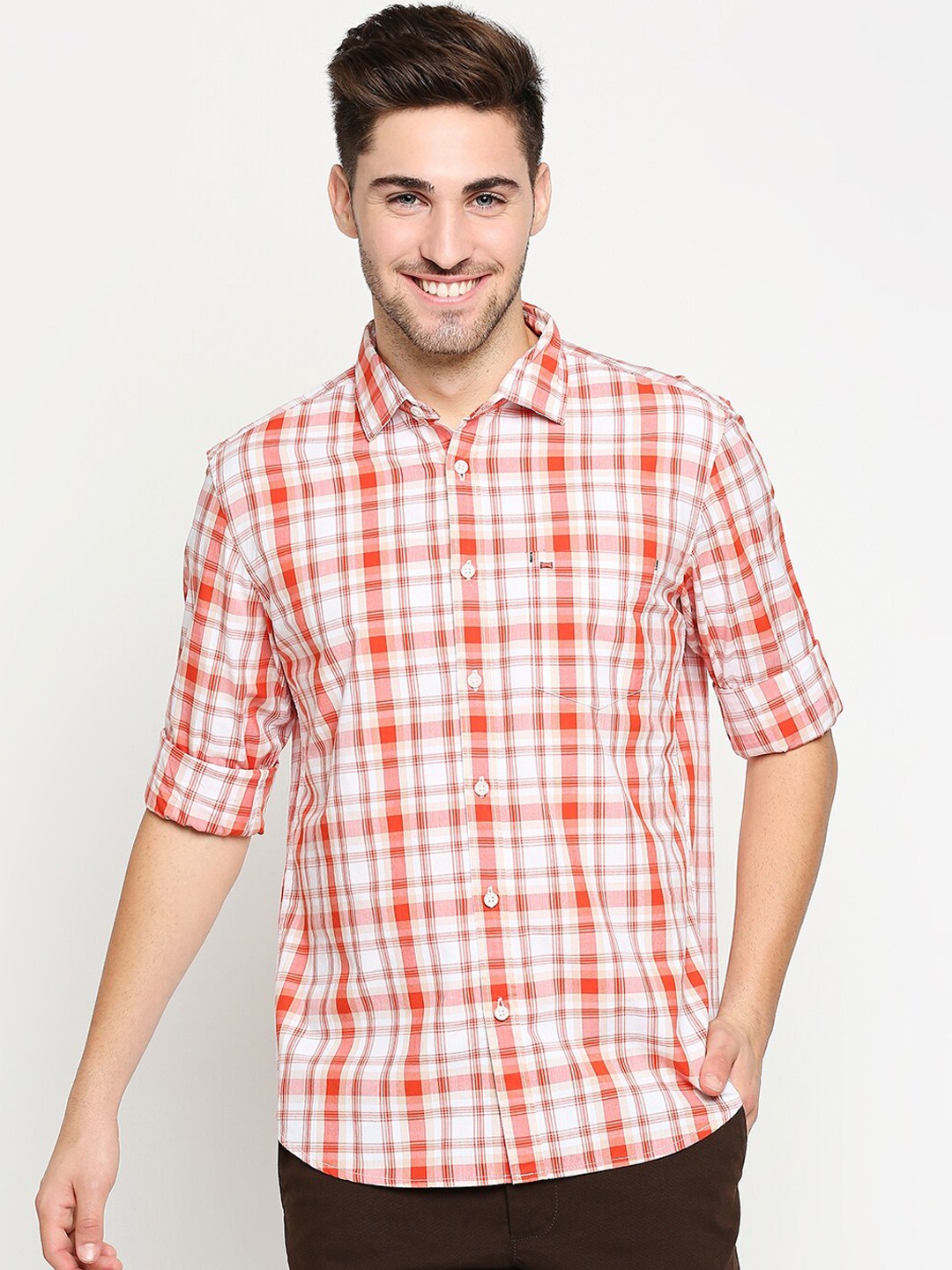 

Basics Men Orange & White Pure Cotton Slim Fit Checked Casual Shirt