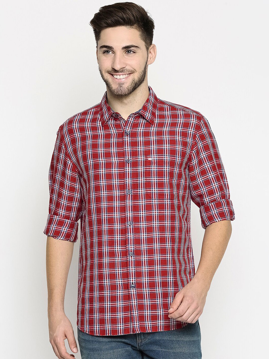 

Basics Men Red Slim Fit Tartan Checked Casual Shirt