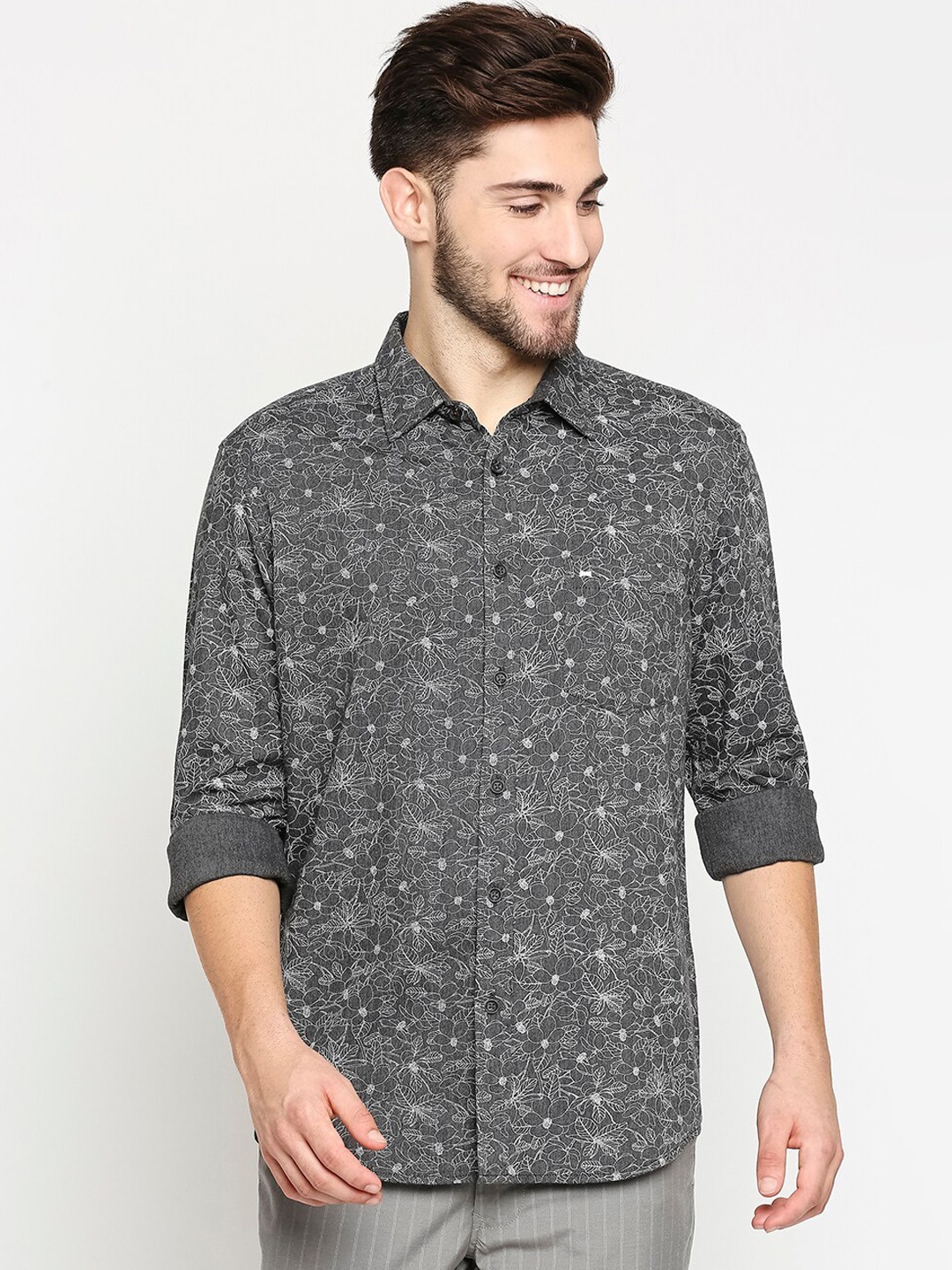 

Basics Men Grey Pure Cotton Slim Fit Floral Printed Casual Shirt