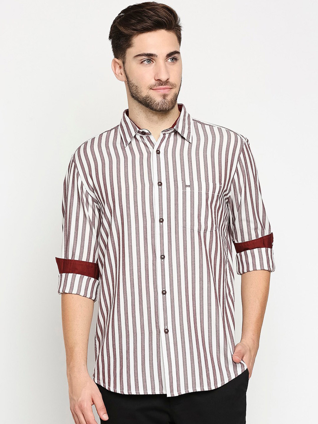 

Basics Men Maroon & White Pure Cotton Slim Fit Striped Casual Shirt