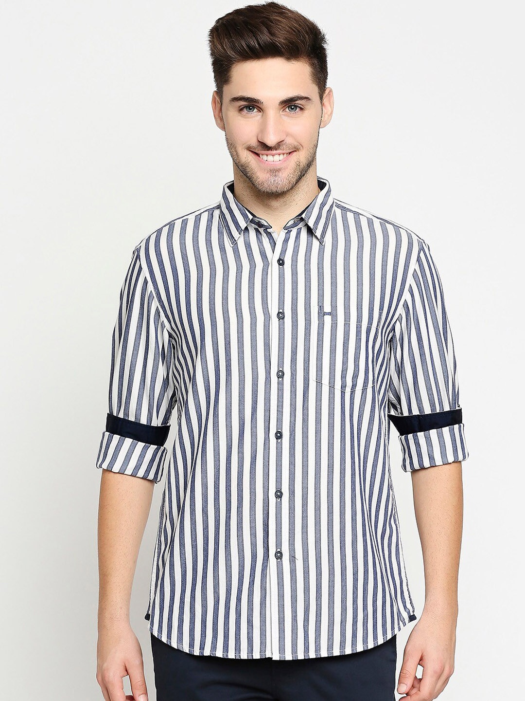 

Basics Men Navy Blue Pure Cotton Slim Fit Striped Casual Shirt