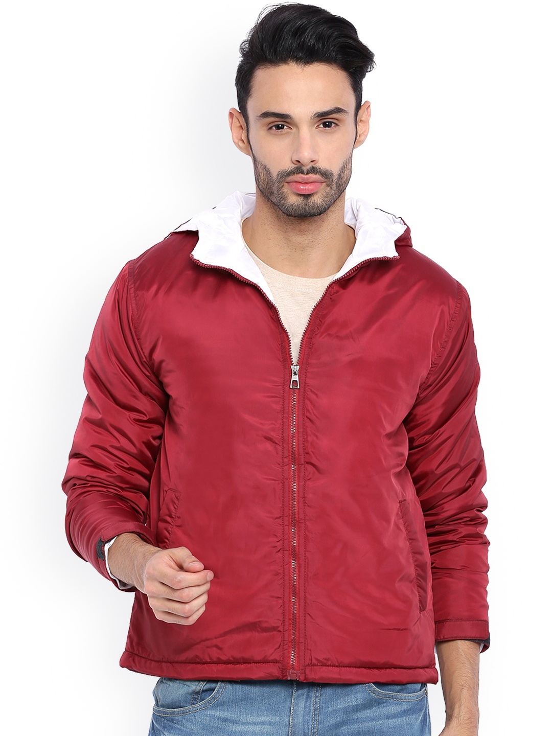 

Campus Sutra Maroon Hooded Jacket