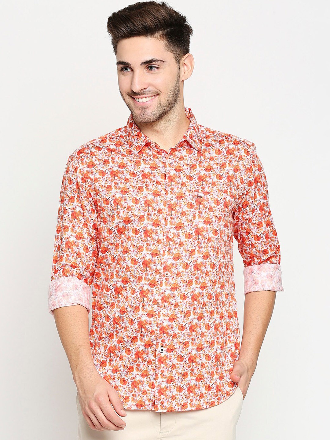 

Basics Men Orange Pure Cotton Slim Fit Floral Printed Casual Shirt