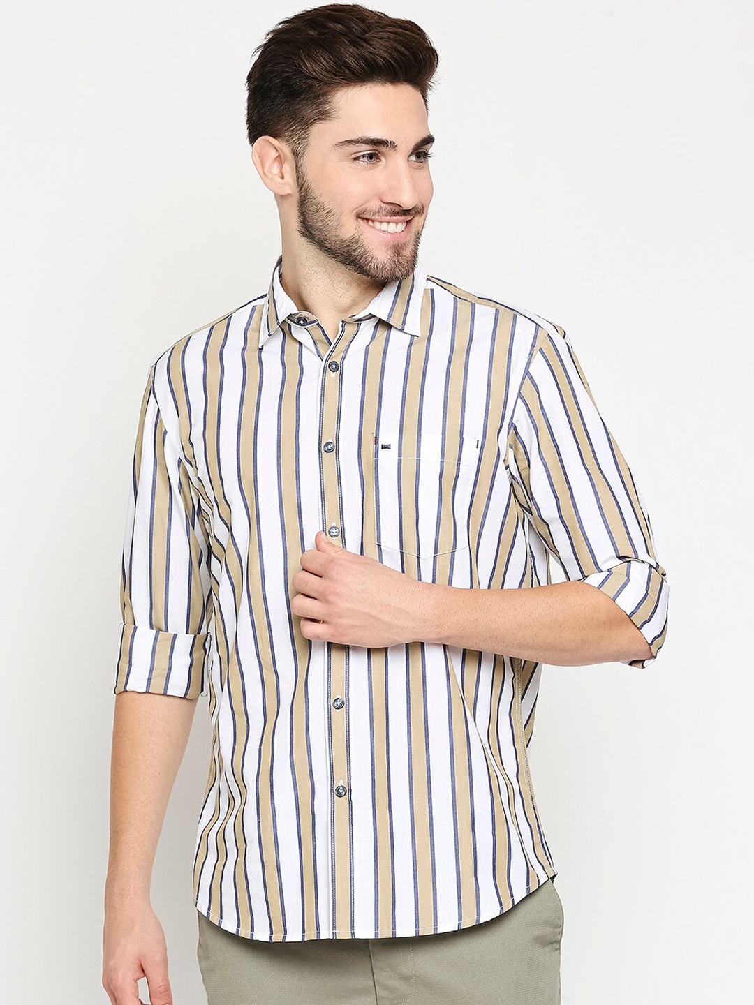 

Basics Men Khaki & White Pure Cotton Slim Fit Striped Casual Shirt