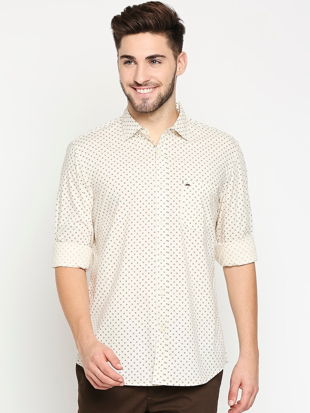 

Basics Men Light Yellow Pure Cotton Slim Fit Printed Casual Shirt