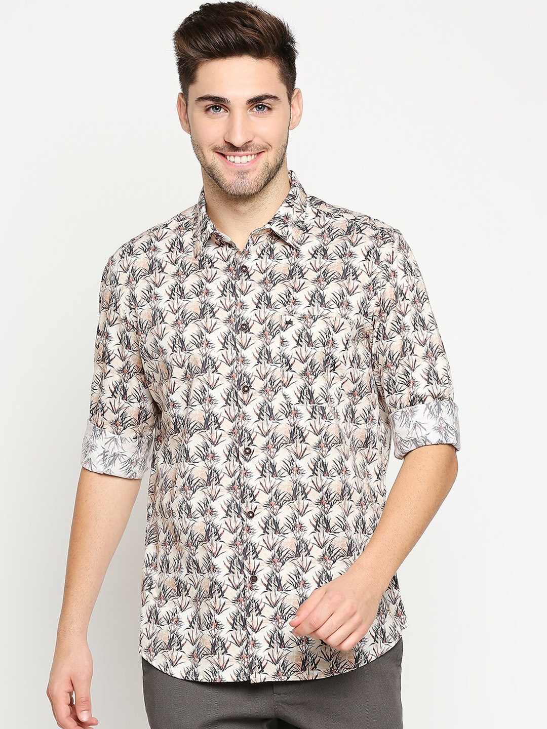 

Basics Men Beige Pure Cotton Slim Fit Floral Printed Casual Shirt